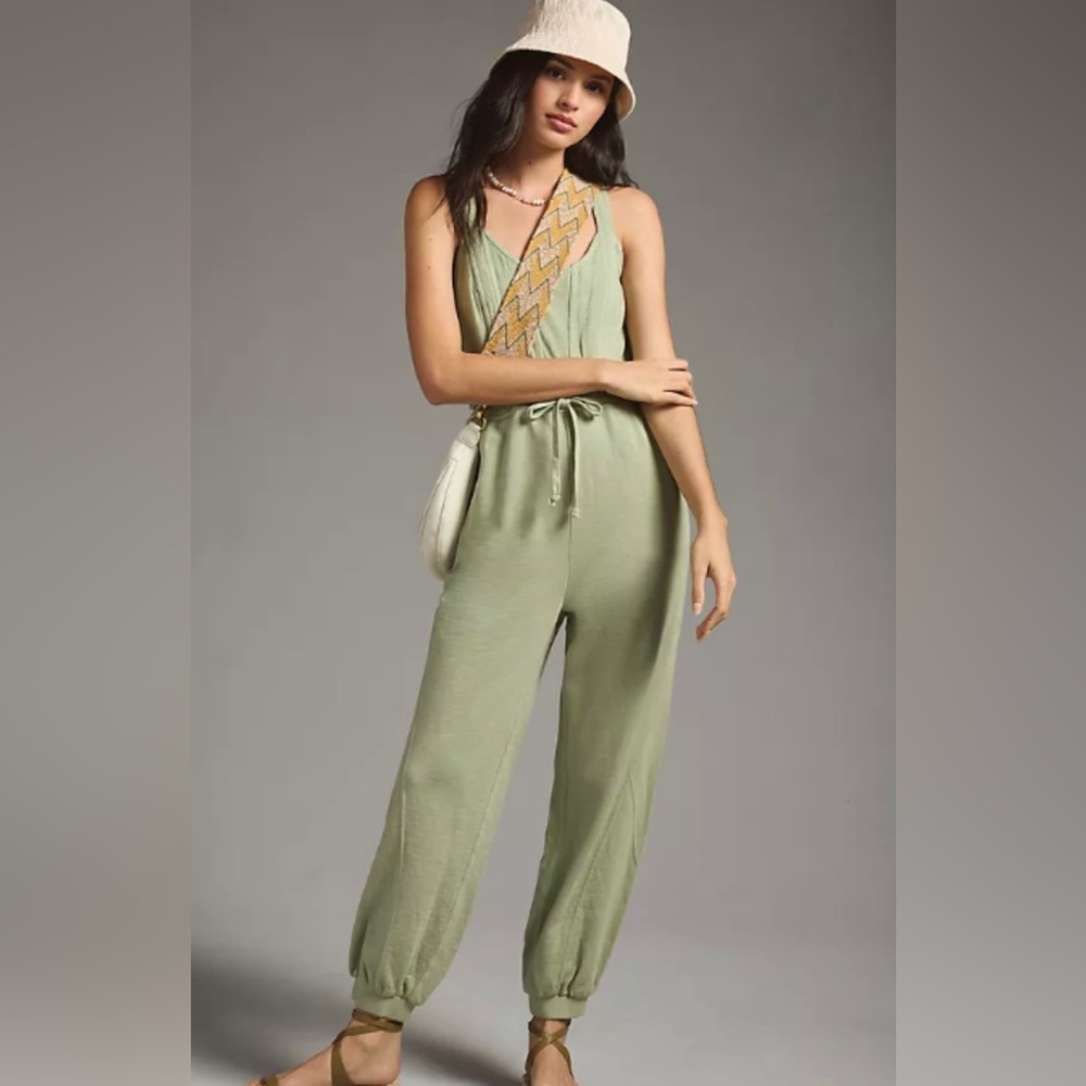 Anthropologie Olive Green Sleeveless Drawstring Jumpsuit with Striped Strap
